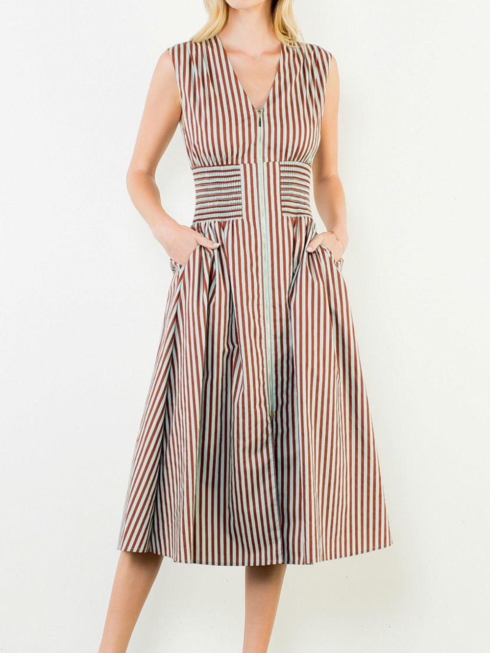 THML sleeveless Striped Midi Dress - Brown & White